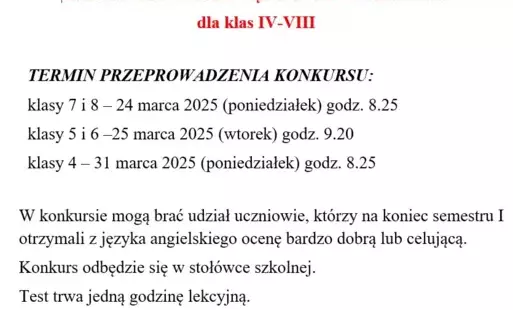 Zdjęcie do SZKOLNY KONKURS JĘZYKA ANGIELSKIEGO dla klas IV-VIII