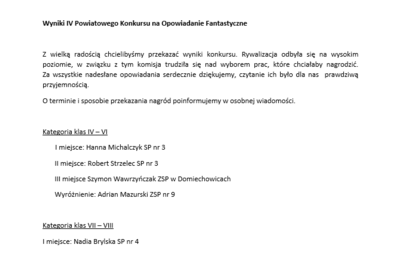 Zdjęcie do Wyniki IV Powiatowego Konkursu na Opowiadanie Fantastyczne