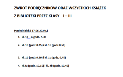 Zdjęcie do ZWROT PODRĘCZNIK&Oacute;W ORAZ WSZYSTKICH KSIĄŻEK Z BIBLIOTEKI PRZEZ KLASY    I &ndash; III 